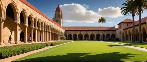 Stanford University, Gothic Romanesque architecture, sprawling campus, sandstone buildings, archways, columns, quadrangles, red-tiled roofs, lush green lawns, walking paths, blooming flowers, palm tre