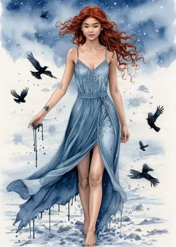 (zendaya:1.4) painting of a woman with long red hair, snowy moor, by Arabella Rankine, among the ravens, deep emotions, storybook style inspired by John Eyre, messy haircut, housewife, blue dress, red