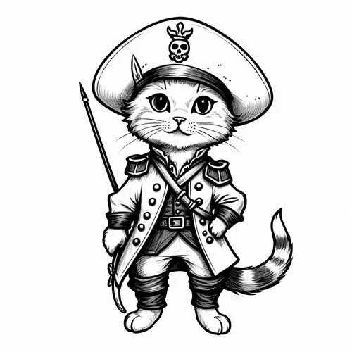 pencil drawing style Julius Leblanc Stewart,a cat dressed in a pirate outfit and hat,cat warrior,capitaine,hotspur,admiral,yeoman,sailor,Design Sketch,Design Sketch,Rough Outline