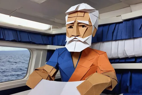 Captain Lee Rosbach at the helm on 'Below Deck.',nautical paper,paper ship,at sea,ship travel,seafarer,skipper,sailing orange,breakfast on board of the iron,pilotfish,paper art,seafaring,admiral von t