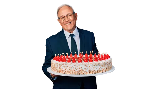 Happy old man, 58 years old, smiling face, wrinkles, gray hair, glasses, suit, tie, holding cake with candles, solo, standing, warm lighting, shallow depth of field, cinematic composition.,erekat,happ