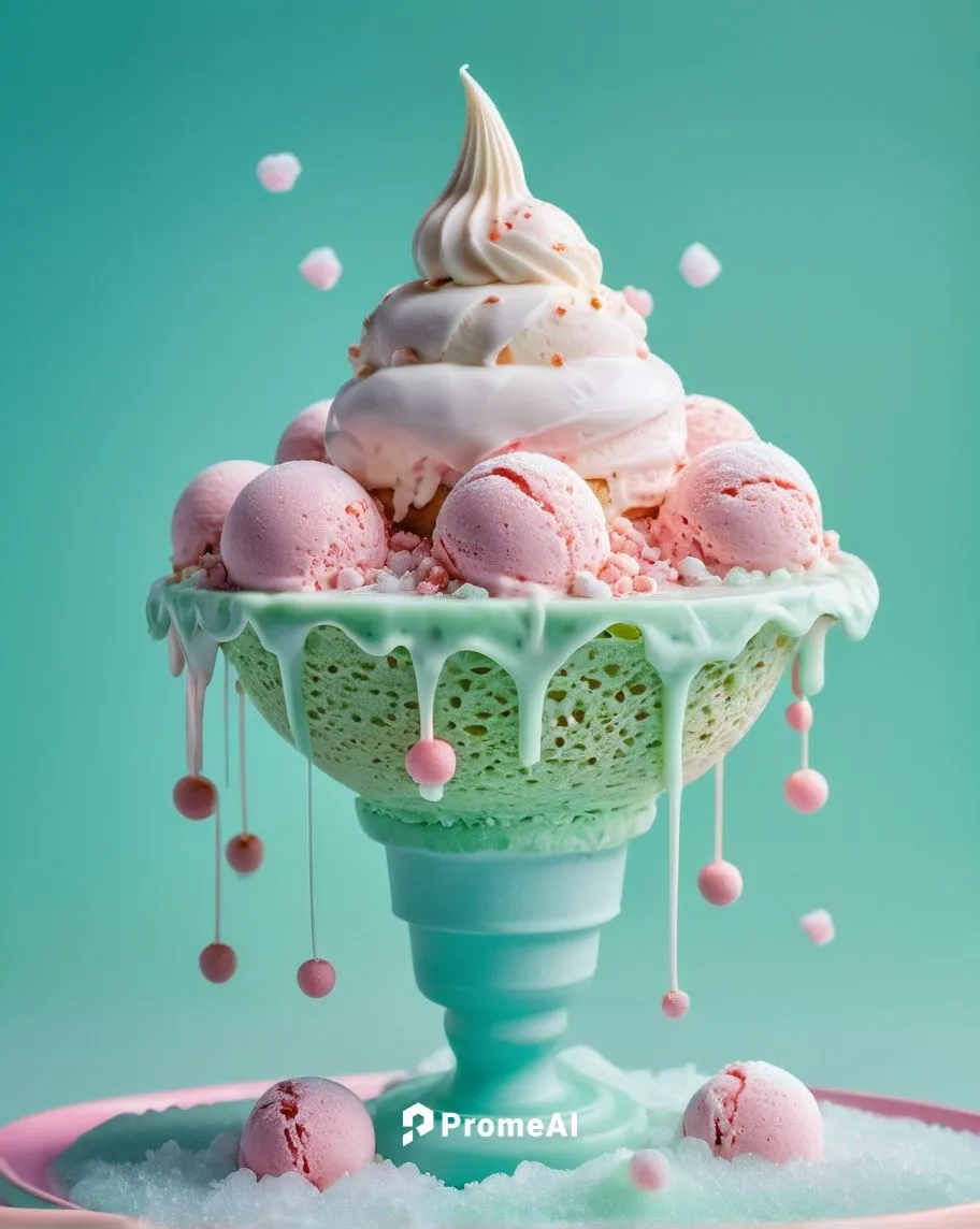 altar of heaven, ice cream, simple background, white background, ice cream, light green, pink, white, macron tones, sarah sanders, blue background, illustration, ice particles, snow, fluid, yotobi, pa