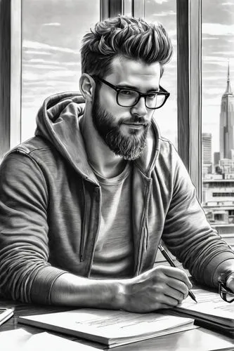 Modern software engineer, male, 30s, beard, glasses, messy hair, casual wear, hoodie, jeans, sneakers, sitting, desk, laptop, papers, pens, coffee cup, bookshelf, windows, city view, afternoon, soft n