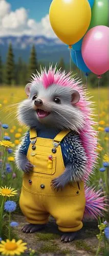 Cute porcupine cartoon character, standing upright, bright curious eyes, tiny nose, smiling mouth, quills on back, white belly, pink ears, colorful spiky hair, wearing a yellow hat, blue overalls with