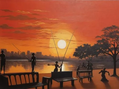 sunset in africa,oil painting on canvas,art painting,oil painting,oil on canvas,glass painting,dubbeldam,evening atmosphere,orange sky,night scene,evening lake,oil paint,lamplight,romantic scene,pinto