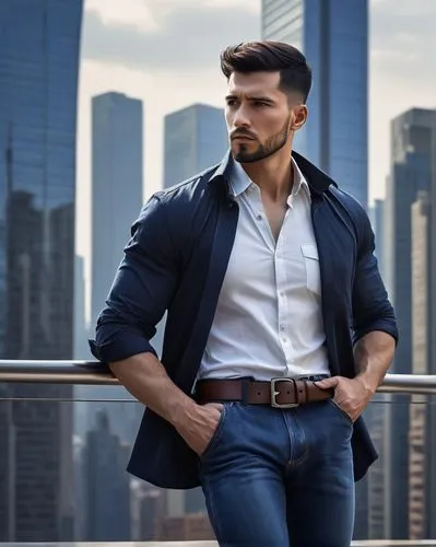 Human, muscular man, strong facial features, short black hair, small beard, blue eyes, no glasses, white shirt, rolled up sleeves, dark blue jeans, brown leather belt, standing, confident pose, one ha