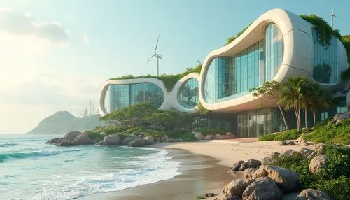 futuristic architecture,futuristic landscape,oceanfront,beachfront,seasteading,paradisus,ecotopia,tropical house,tropico,dunes house,seaside resort,aqua studio,house of the sea,ocean paradise,seaside view,shorefront,futuristic art museum,seafort,ocean view,cubic house,Photography,General,Realistic