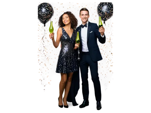 New Year's Eve, festive atmosphere, couple, romantic, champagne bottle, glasses, confetti, balloons, countdown clock, fireworks background, soft focus, warm lighting, 3/4 composition, shallow depth of