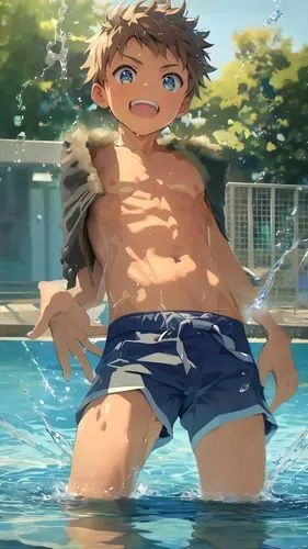 a young man stands in a swimming pool surrounded by water,oikawa,yosuke,hajime,puka,swimmable,koga