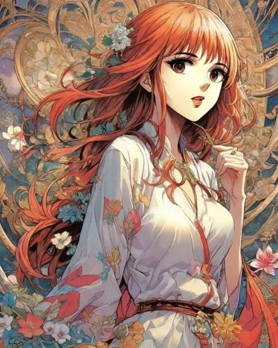 saori Kido,a person with red hair and long sleeves, standing in front of flowers,kouka,kokia,orange blossom,chiyo,orihime,amaterasu,Digital Art,Comic