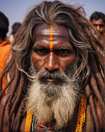 Naga Sadhu with very long hair. Maha Kumbh Mela festival, world's largest congregation of religious pilgrims. Allahabad, India.,indian sadhu,sadhus,sadhu,indian monk,aborigine,ganges,indian drummer,hi