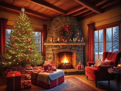 christmas fireplace,christmas room,christmas landscape,christmas scene,christmas motif,fir tree decorations,christmas decor,christmas house,vintage christmas,yule log,fire place,festive decorations,christmas time,warm and cozy,nordic christmas,christmas decoration,christmas mood,christmas wallpaper,winter house,fireplace,Illustration,Abstract Fantasy,Abstract Fantasy 06