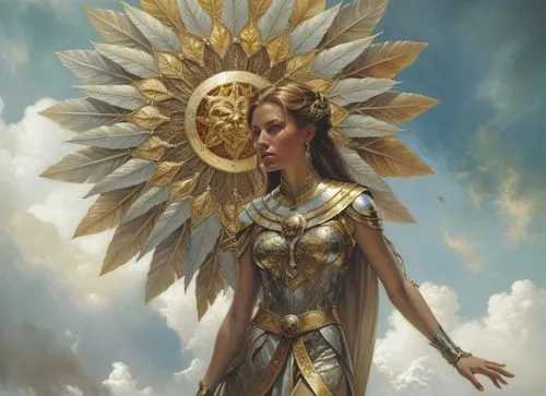 the lady with golden wings on her head and dress stands in the clouds,goldsun,sundancer,golden wreath,dawnstar,paladin,aureum,Illustration,Realistic Fantasy,Realistic Fantasy 03