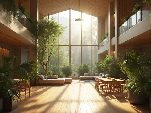 atriums,sunroom,3d rendering,indoor,living room,modern living room,daylighting,forest house,conservatory,livingroom,interior modern design,render,indoors,loft,renderings,modern room,wooden beams,tropical house,amanresorts,3d rendered,Photography,General,Realistic