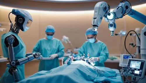 Robot performs surgical operation in modern hospital. Teamwork of professional medical surgeons in operating room. Providing treatment with artificial intelligence. Concept of modern medicine.,intraop