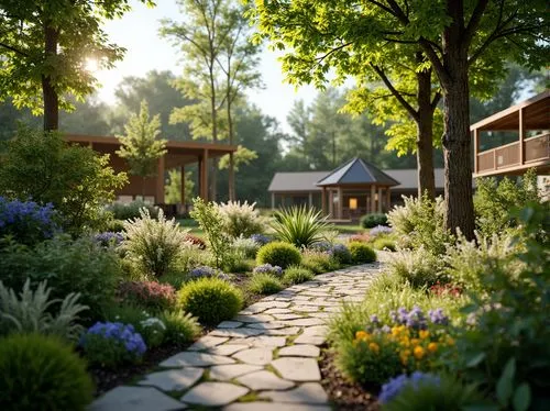 sake gardens,cottage garden,nature garden,landscaping,gardens,riverwood,streamwood,landscaped,the garden,flowerbeds,green garden,netherwood,garden,ecovillage,render,garden of plants,3d rendering,flower garden,pathway,monastery garden