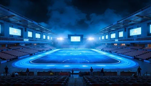 Neon-lit sports stadium, futuristic polymer tracks, iridescent athletic fields, glowing accents, metallic fences, high-tech scoreboards, LED lighting systems, sleek aerodynamic structures, carbon fibe