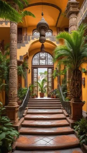 Ancient Aztec-inspired architecture, Mexico City, vibrant colorful buildings, ornate stone carvings, intricate tile work, grand staircase, massive stone columns, arched windows, ornamental ironwork, f