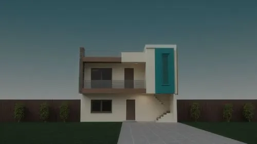 Generate a house exterior color scheme. Main color: creamy white. Accent colors: teal, earthy brown, and slate grey. Keep the existing elevation unchanged,an animation shows a house with a staircase,c