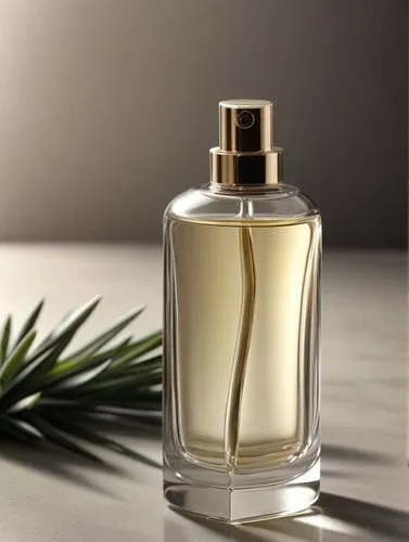 Super realistic image, catalog image, air perfume in a glass bottle, luxury, eucalyptus scent, the liquid is green, eucalyptus asterols are scattered in the background around the bottle, light backgro