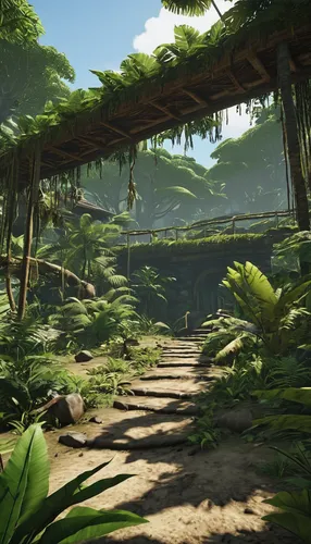 tropical jungle,jungle,iguania,poison plant in 2018,pathway,forest path,biome,wooden path,ravine,hiking path,rainforest,ark,oasis,green valley,tropical greens,environment,an island far away landscape,tropical island,palms,screenshot,Illustration,Children,Children 02