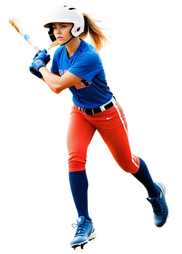 Female athlete, softball player, dynamic pose, athletic wear, helmet, bat, glove, ponytail, sweat, muscles, toned legs, cleats, sports socks, motion blur, stadium background, afternoon sunlight, 3/4 c