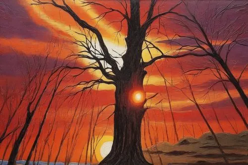 oil painting on canvas,oil painting,painted tree,halloween bare trees,watercolor tree,art painting,red tree,oil pastels,red sun,bare tree,burning tree trunk,colored pencil background,acrylic paint,tangerine tree,burnt tree,oil on canvas,oil paint,tree torch,sun burning wood,bare trees,Illustration,Realistic Fantasy,Realistic Fantasy 21