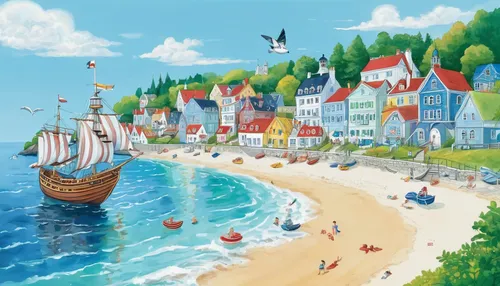 seaside resort,seaside country,sea sailing ship,beach landscape,popeye village,background vector,sea landscape,coastal landscape,rügen island,caravel,sea fantasy,sailing boats,sailing ships,harbor,fishing village,hanseatic city,mayflower,boat landscape,pirate ship,seaside,Illustration,Realistic Fantasy,Realistic Fantasy 19