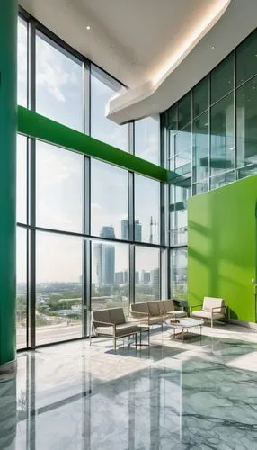 Modern hospital building, sleek glass façade, steel frame structure, minimalist entrance, automatic sliding doors, spacious lobby with high ceiling, marble floors, comfortable seating area, green wall