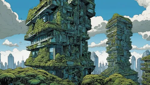 valerian,skyscraper,futuristic landscape,skyscraper town,terraforming,sky apartment,the skyscraper,skyscrapers,metropolis,fantasy city,skycraper,apartment block,high-rises,ancient city,high rises,futuristic architecture,urban towers,tower of babel,post-apocalyptic landscape,sky city,Illustration,American Style,American Style 14