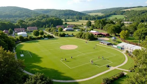 Vibrant sports fields, lush green grass, rolling hills, athletic tracks, soccer goals, baseball diamonds, tennis courts, basketball hoops, volleyball nets, spectator seating areas, shaded bleachers, m