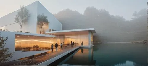 LAGO MINIMALISTA ESTILO JAPONES,people standing on a dock next to a body of water,cubic house,cube house,snohetta,mirror house,modern architecture,glass facade