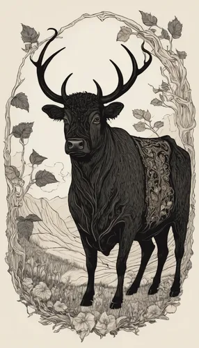 Create a surrealistic poem inspired by the flavors and textures of Galloway beef.,cervus elaphus,bos taurus,taurus,buffalo plaid deer,buffalo plaid antlers,deer illustration,manchurian stag,the zodiac