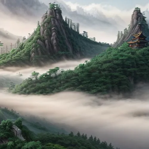 japan landscape,fantasy landscape,japanese mountains,world digital painting,mountain scene,mountain landscape,house in mountains,mountainous landscape,house in the forest,landscape background,mountain