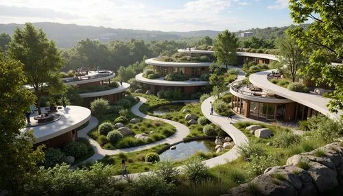 earthship,ecovillages,ecovillage,tulou,ecotopia,rivendell,tree house hotel,treehouses,render,fallingwater,3d rendering,streamwood,amanresorts,terraformed,biospheres,futuristic architecture,nargothrond,dorne,wudang,biopiracy