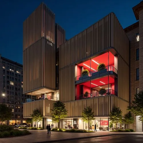 Modern commercial building facade, neutral beige tones, rich charcoal grey accents, bold crimson red highlights, sleek silver metallic finishes, warm earthy brown undertones, vibrant greenery walls, L