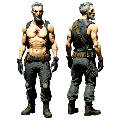 grey fox,male character,mercenary,merle black,game character,ocelot,cargo pants,game figure,cable,merle,deacon,gunsmith,combat medic,main character,shimada,a carpenter,mad max,jackal,man holding gun and light,action figure,Unique,Design,Character Design