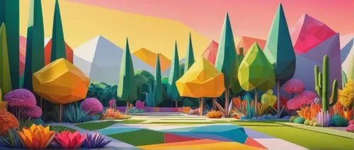 cartoon forest,candyland,mushroom landscape,tulip fields,virtual landscape,lowpoly,forest landscape,low poly,tulip field,kaleidoscape,futuristic landscape,fairy world,fairy forest,color fields,fantasy landscape,world digital painting,fairyland,tree grove,landscape background,forest of dreams,Art,Artistic Painting,Artistic Painting 26