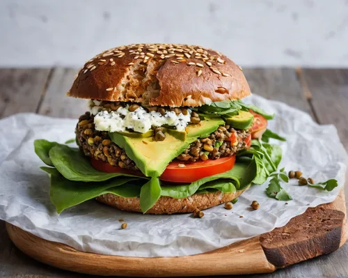 A veggie burger with wholegrain bread, lentils, avocado, sheep's cheese and tomatoes,veggie burger,buffalo burger,cheeseburger,salmon burger,food photography,ground turkey,hamburger vegetable,cheese b