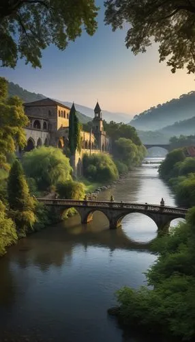 Ancient, majestic bridge, medieval European-inspired architecture, stone walls, Gothic arches, ornate iron railings, intricate carvings, grand pillars, misty atmosphere, dawn or dusk lighting, warm go