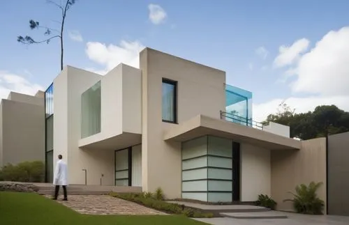 a building with some people standing in front,modern house,modern architecture,cube house,cubic house,corbu,seidler,Photography,General,Realistic