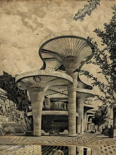 subway station,metro station,mid century modern,hiroshima,futuristic landscape,futuristic architecture,escher,futuristic art museum,abandoned train station,busstop,monorail,underpass,pergola,bus stop,