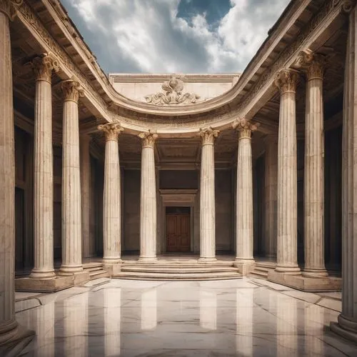 Ancient Greek columns, ornate details, symmetrical structure, grand entrance, marble floors, high ceiling, natural light pouring in, solemn atmosphere, Vitruvian triad, balance harmony proportion, rhy