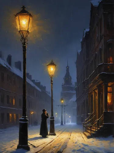 night snow,street lamps,gas lamp,night scene,lamplighter,midnight snow,lev lagorio,snow scene,snowfall,russian winter,street lamp,street lights,the snow falls,evening atmosphere,winters,john atkinson grimshaw,hamelin,streetlamp,winter light,wintry,Art,Classical Oil Painting,Classical Oil Painting 18