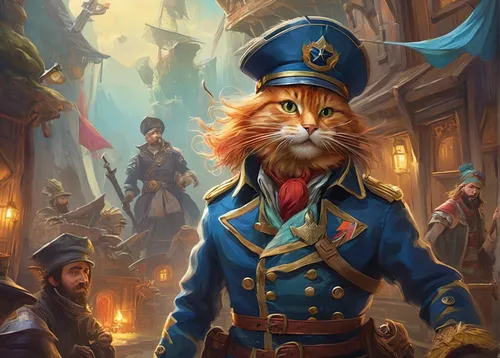 Explore the comedic adventures of Captain Stab and his misfit crew as they navigate through a quirky fantasy world.,napoleon cat,red tabby,cat-ketch,cat sparrow,cat european,cat warrior,maincoon,admir