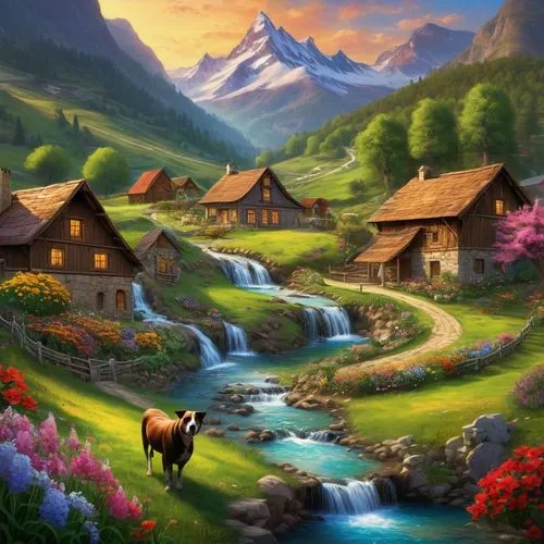 mountain village,alpine village,mountain scene,home landscape,alpine pastures,landscape background,Conceptual Art,Fantasy,Fantasy 16