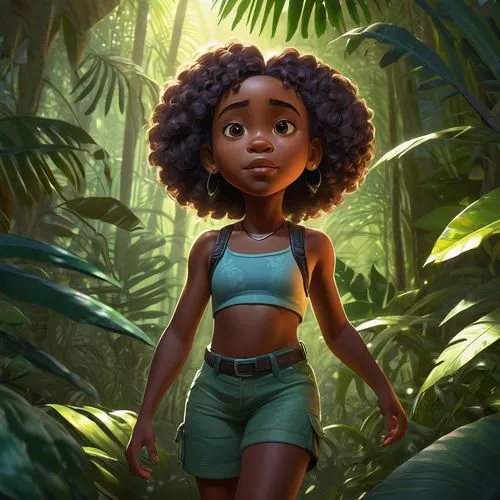 pixar style photo, medium shot, mid forties African American woman, looking curious and cautious, pushing through dense tropical forest, sunlight through leaves, ultra detailed, high quality --cref ht