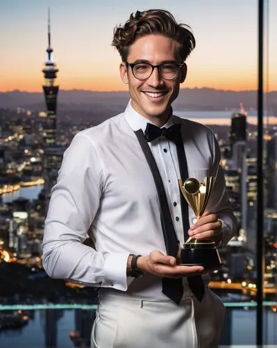 Modern architectural designer, New Zealand Awards, solo, male/female, 30s, stylish hair, glasses, formal wear, black tuxedo, white shirt, bow tie, holding award trophy, standing, smiling, confident, A