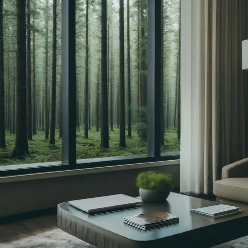 modern room,forested,wood window,coniferous forest,modern decor,bamboo curtain