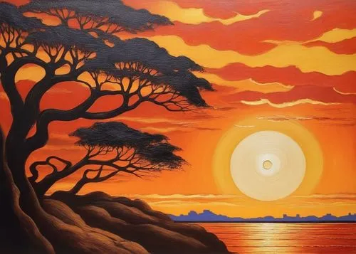 red sun,indigenous painting,tangerine tree,sun,3-fold sun,orange tree,khokhloma painting,volcanic landscape,coastal landscape,namib,beach landscape,oil painting on canvas,coast sunset,el salvador dali,mostovoy,an island far away landscape,orange sky,oil on canvas,desert landscape,sun of jamaica,Illustration,Realistic Fantasy,Realistic Fantasy 21